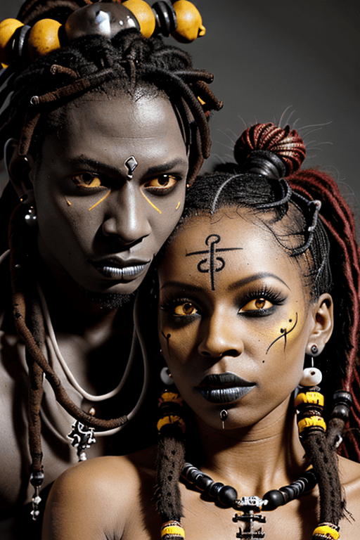 AI generated: A male and a female voodoo priests, in love, seductive embrace,  full body, dark complexion, voodoo ...