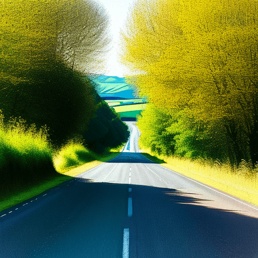 AI generated: A long empty road as seen by a car driver. Bright sunny day in the countryside. Style:photo
