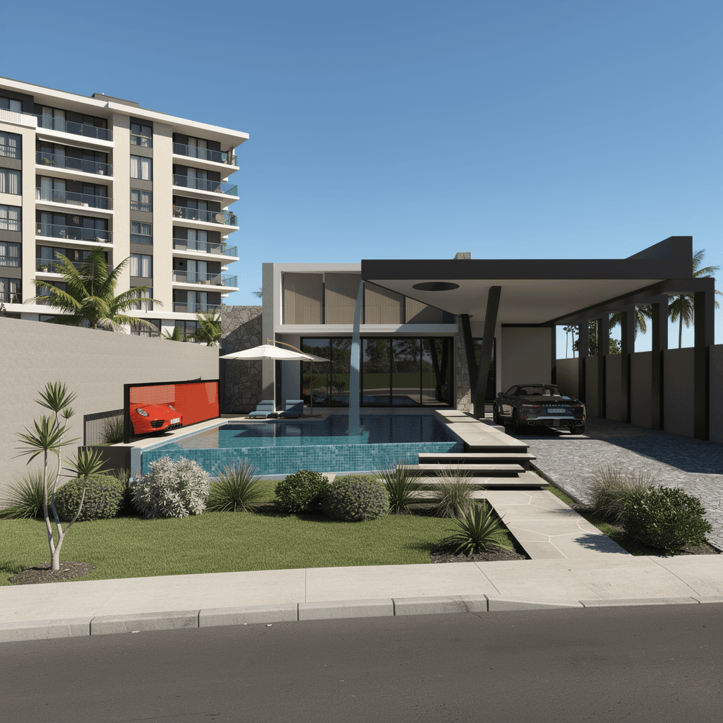 AI generated: Ultra-realistic photograph of the exterior architecture of a high-end contemporary single-family res...