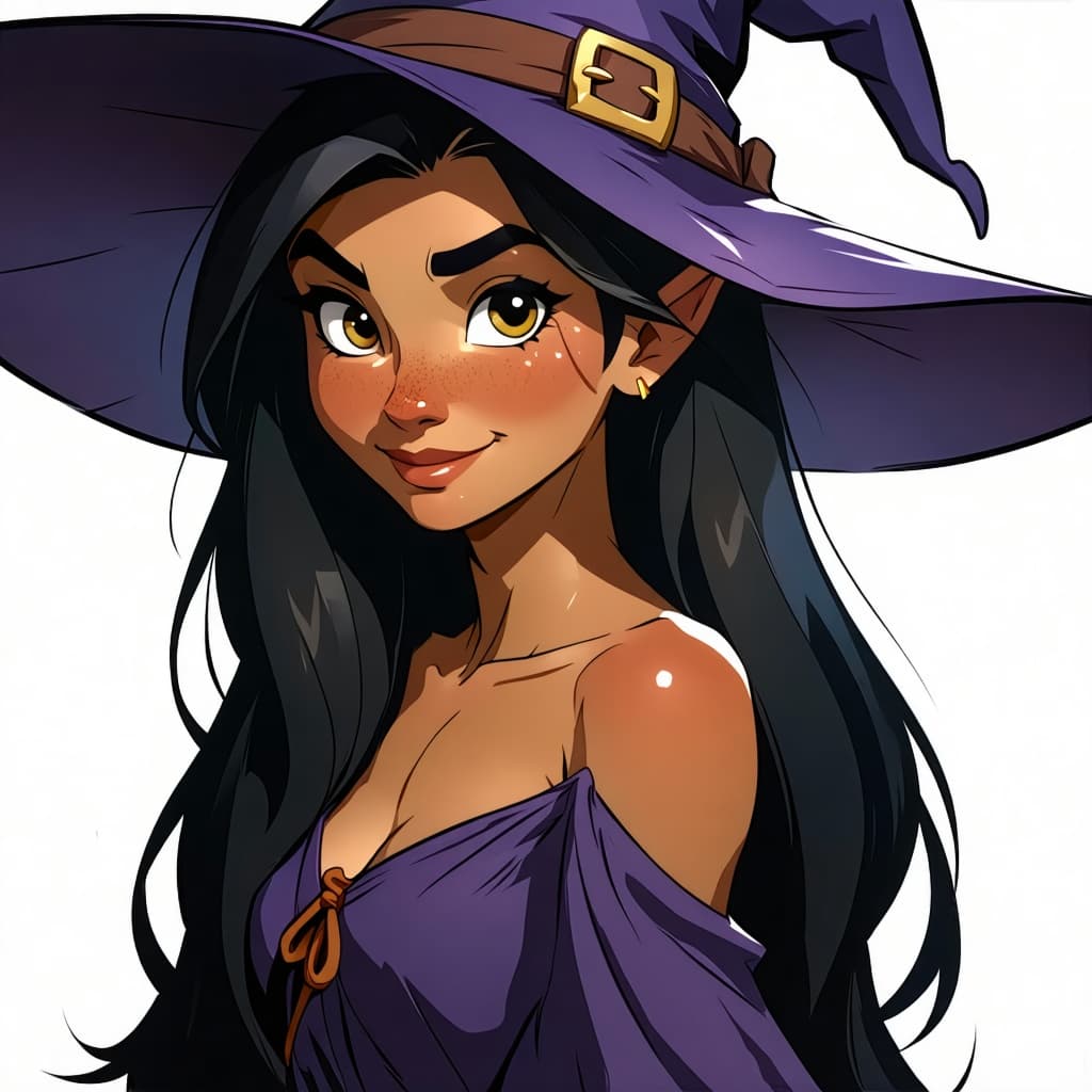 AI generated: Mimi Witch,
(12 years old's witch, black long hair, Normal ears (not pointed, she is a human) and w...