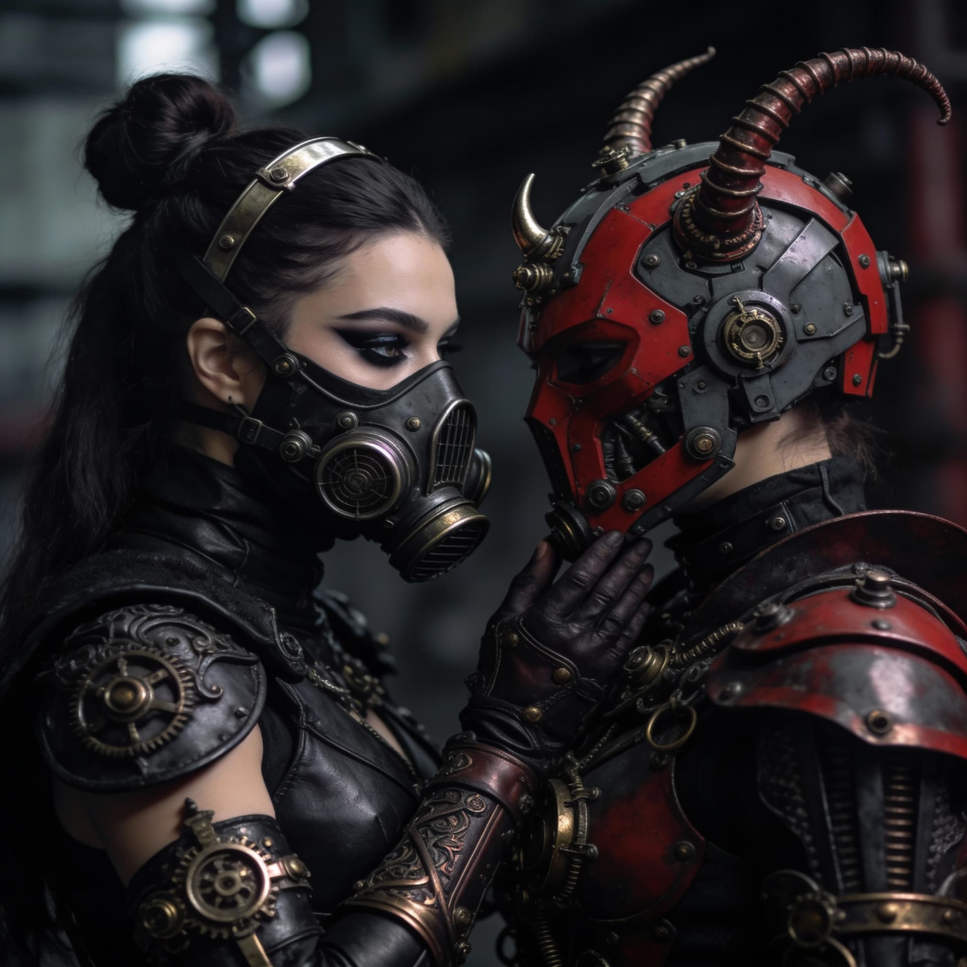 AI generated: Close-up of two women with elaborate, dark, steampunk-styled costumes. 


The woman on the left h...