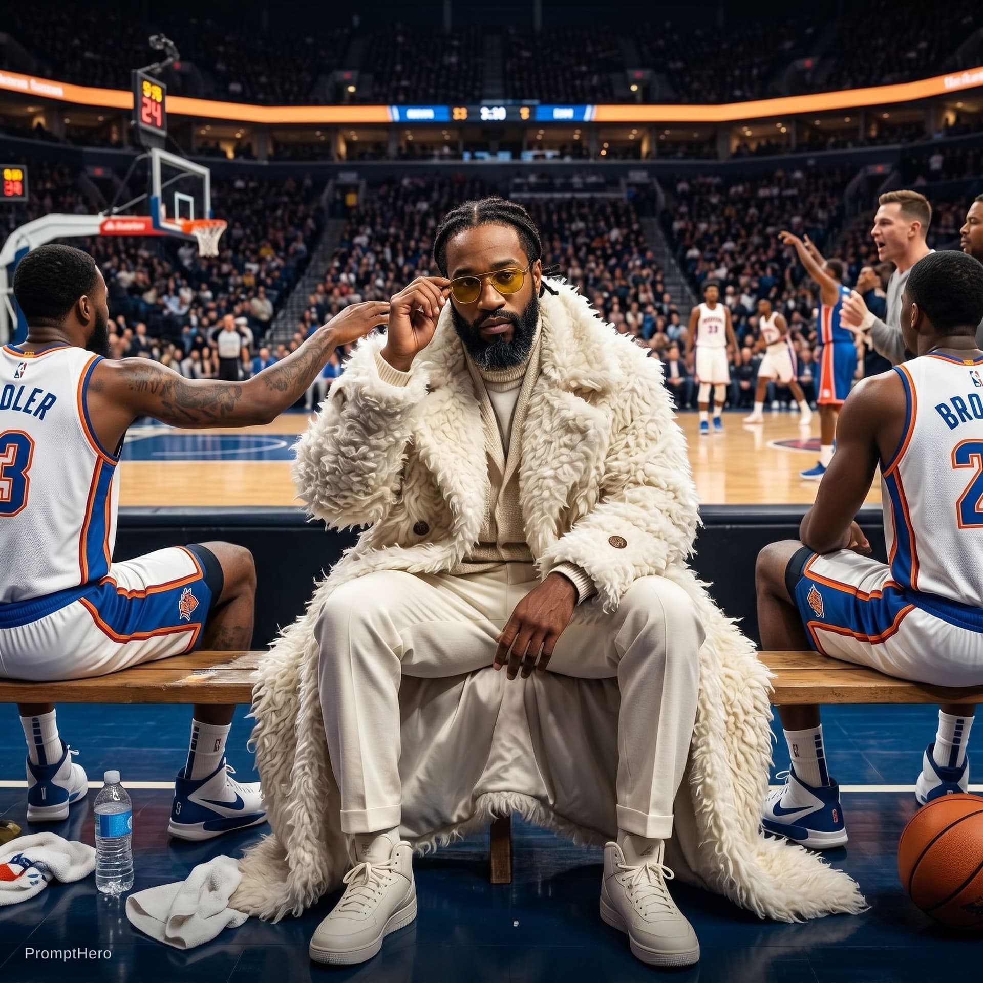 AI generated: I want the man in the uploaded image to replace the man sitting down in the sports arena