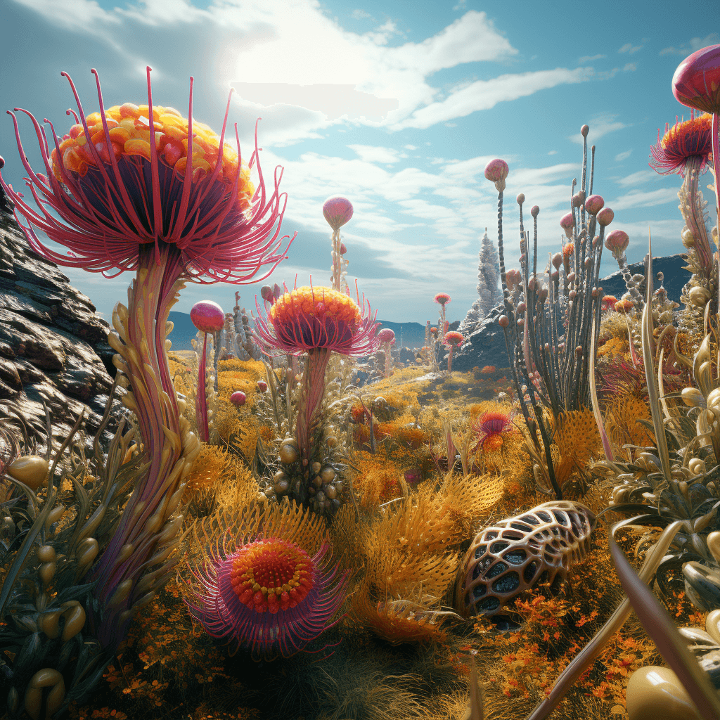 AI generated: alien grassland, ultra hd, realistic, vivid colors, highly detailed, UHD drawing, pen and ink, perfe...