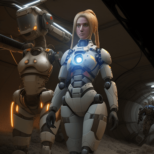 AI generated: 3D Animation of a freckled woman with ponytailed blonde hair, in a mechanized exosuit. She's in a va...