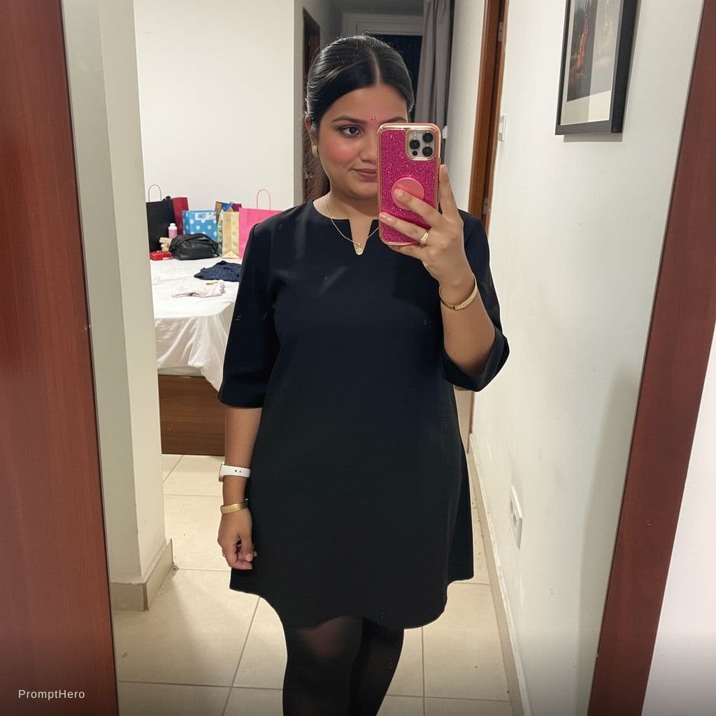 AI generated: A young Colombian woman standing in a hallway taking a mirror selfie. Her phone has a glittery pink ...
