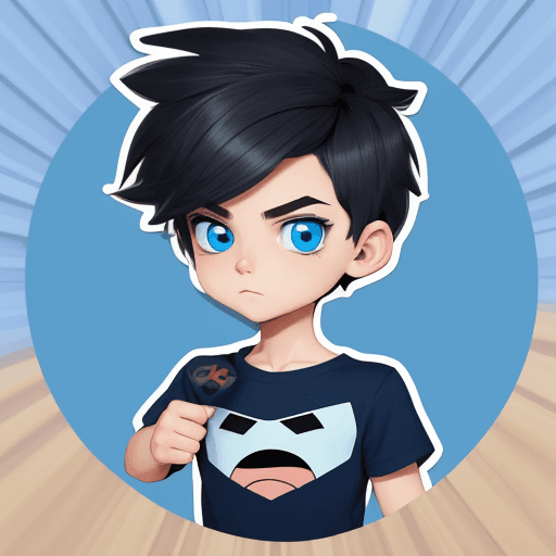 AI generated: sticker of cute boy like cartoon heroes, blue eyes, detailed eyes, with dark hair wearing design tsh...