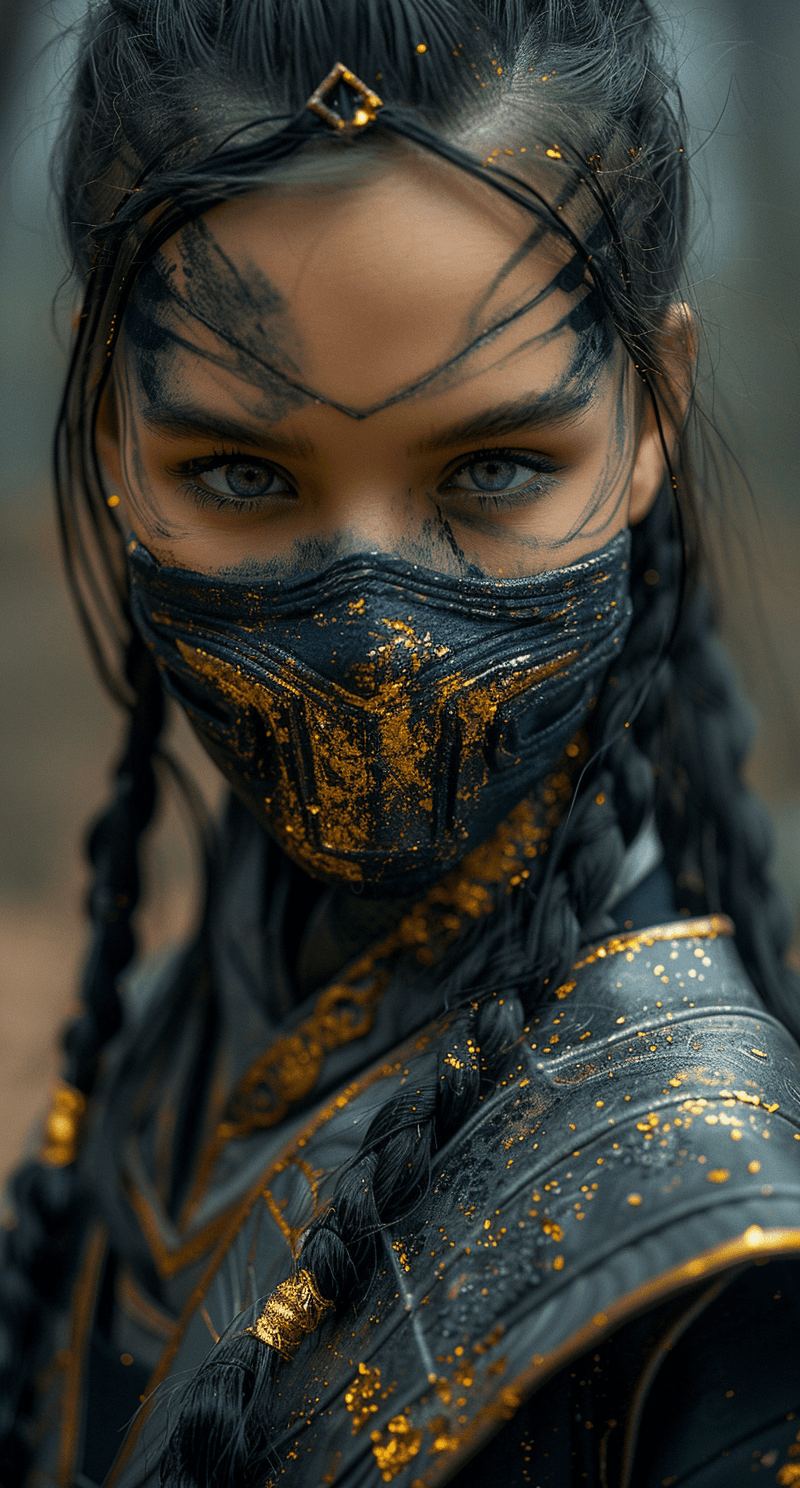 AI generated: woman in predator art cosplay, ultra-detailed, in the style of unreal engine 5, ming dynasty, dark g...