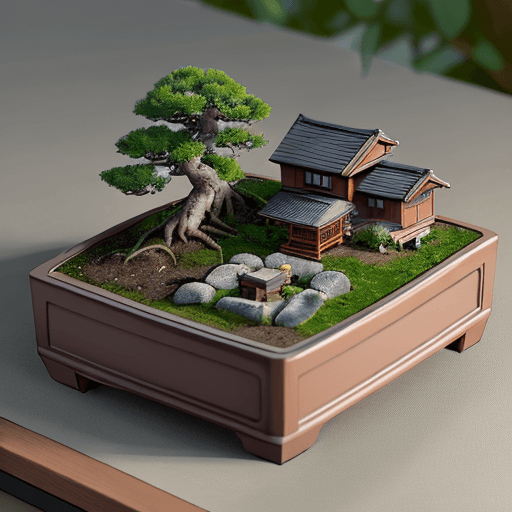 AI generated: A small community living on a bonsai tray:hyperrealistic:: 8k