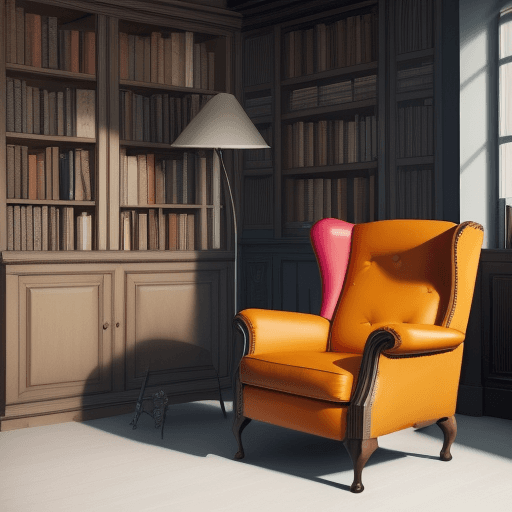 AI generated: Realistic photo of armchair and bookshelf, Top notch, Triadic colors, Bold strokes, Porcelain, --ar ...
