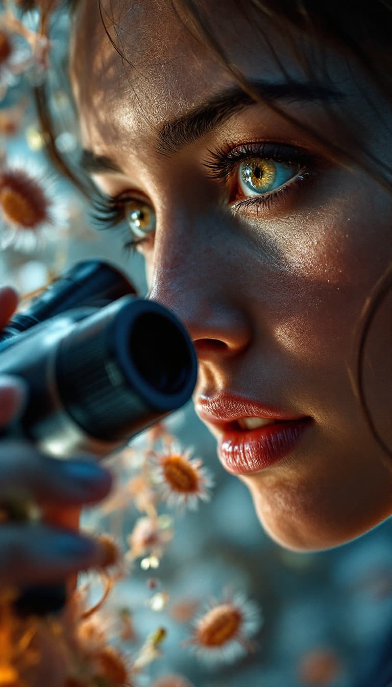 AI generated: Microscopic Photography, Extreme Detail, Organic Structures, Intimate, Woman Holding a Microscope Ob...