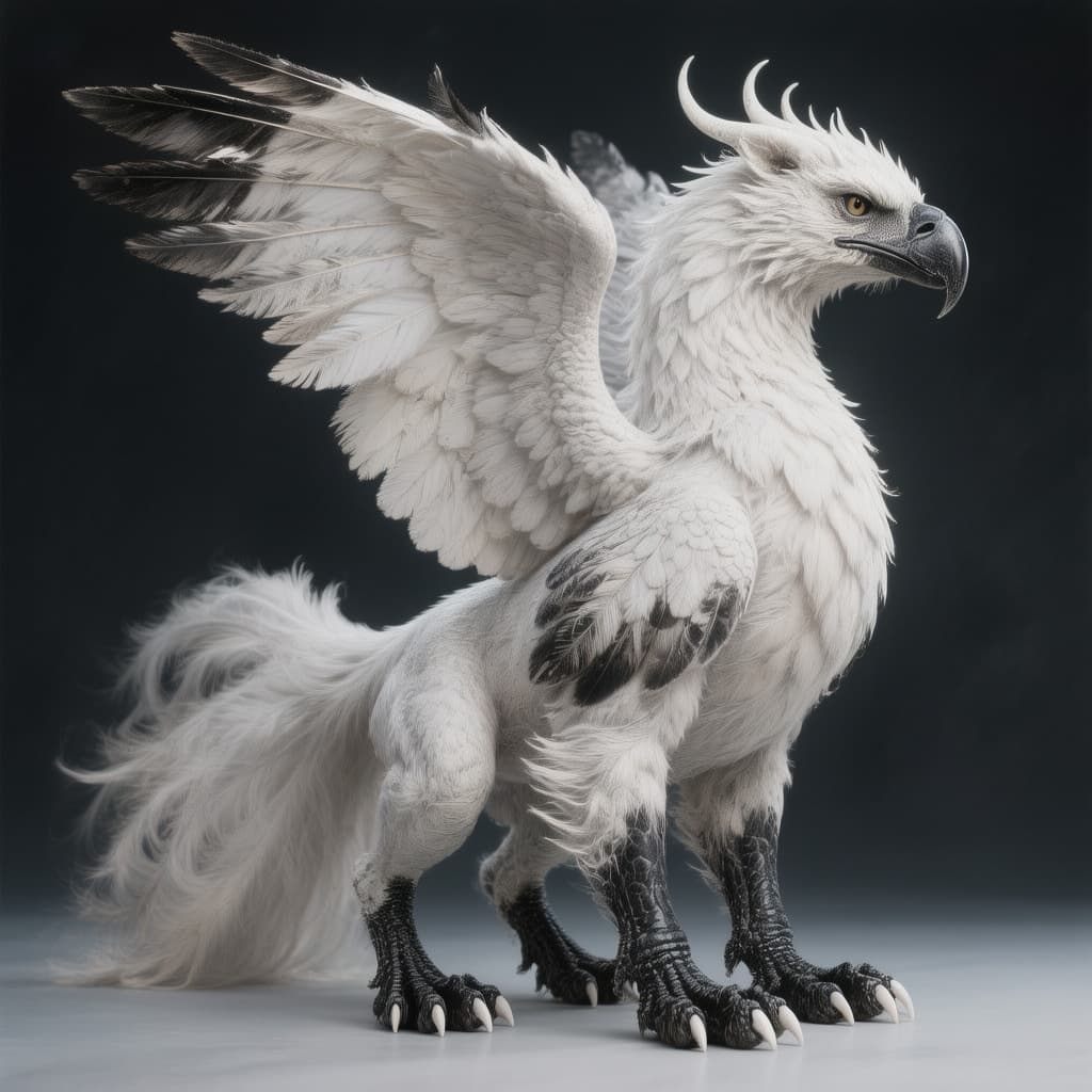 AI generated: a white griffin with white feathers that black tipped and a black beak and black paws with white cla...