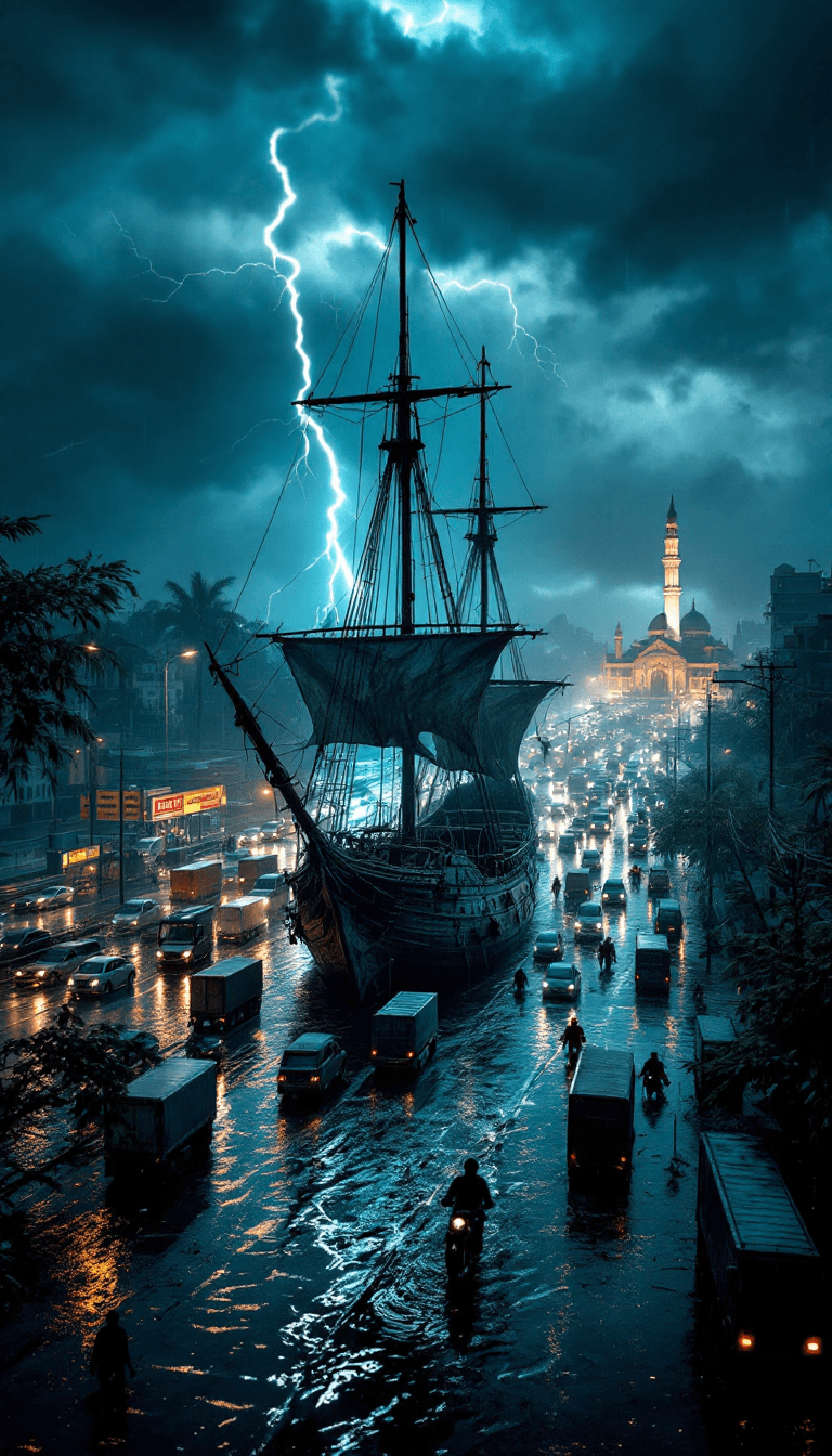 AI generated: Create a scene of a 16th-century pirate ship stranded in the middle of a flooded highway in Makassar...