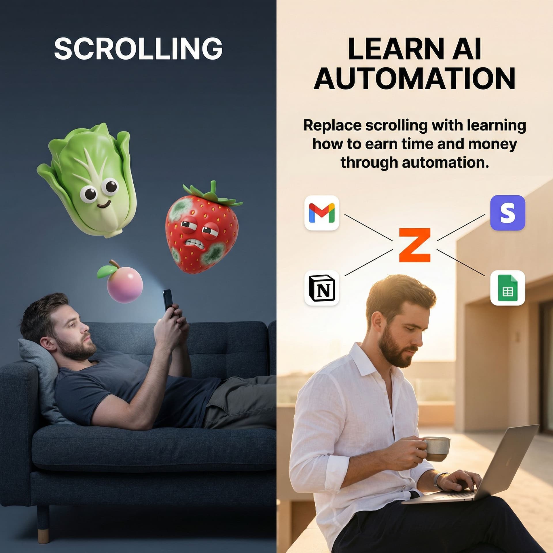 AI generated: Minimal split-screen advertising image with a clean, modern lifestyle aesthetic.
The image is vertic...