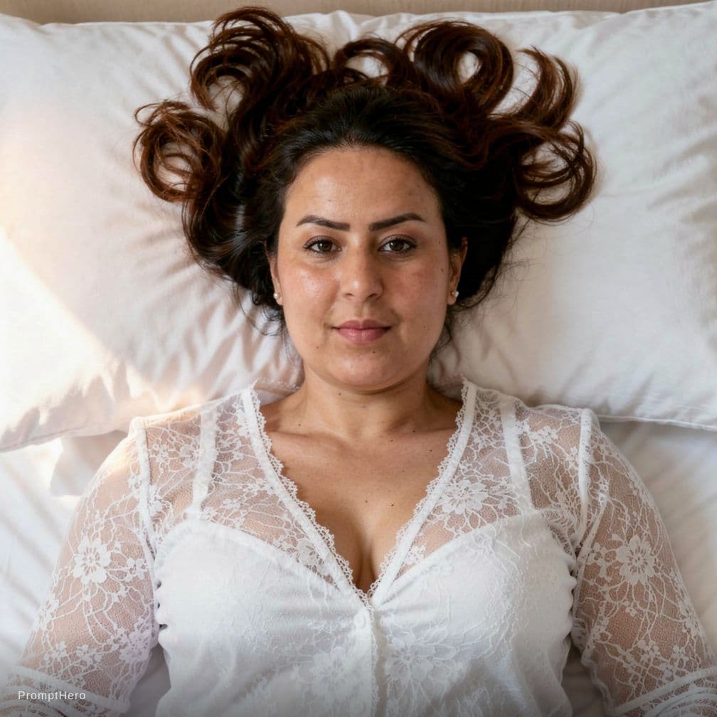 AI generated: Create a high-resolution photograph of a fit adult woman lying on her back in a bed covered with pri...