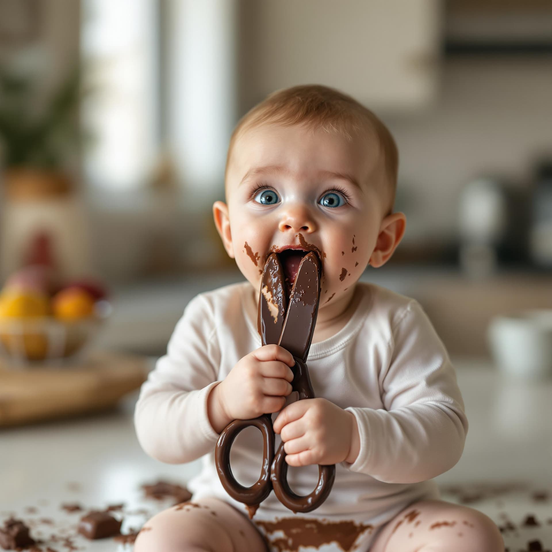 AI generated: A close-up of a baby sitting on a clean, softly lit kitchen counter. The baby holds a pair of scisso...