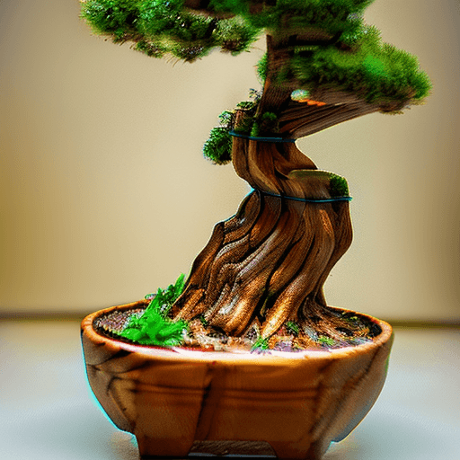 AI generated: a miniature wooden bonsai, photo studio, professional photo, trending on artstation, hdr, 4k, full h...