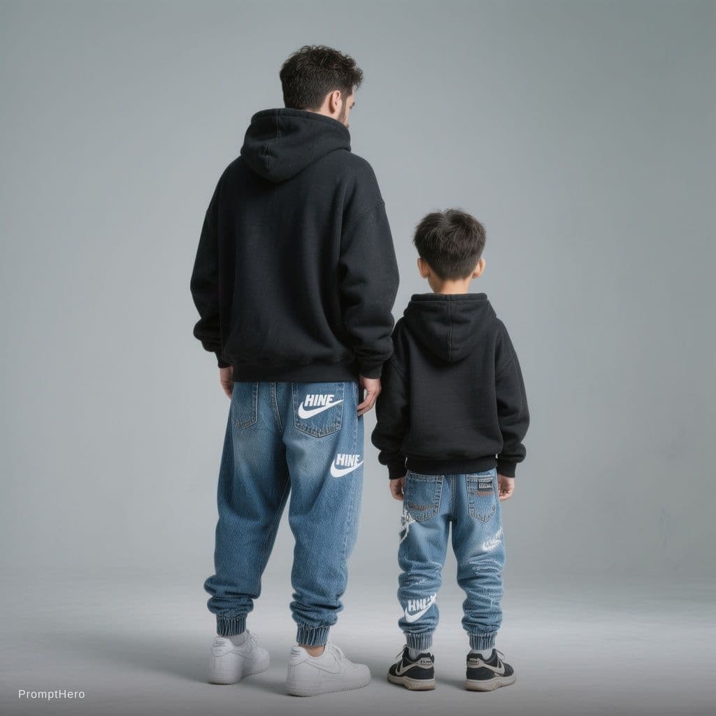 AI generated: wear fitting photography, back view, thirty eight years daddy with eight years son model, in grey ba...