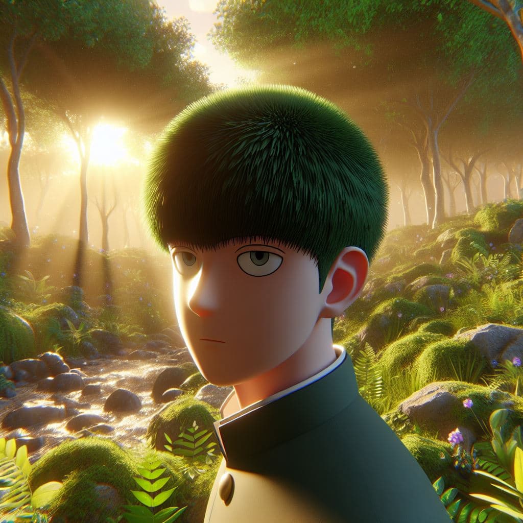 AI generated: an ultra-realistic 3D rendering of Mob from Mob Psycho 100 in a natural anime setting. Utilize PBR s...