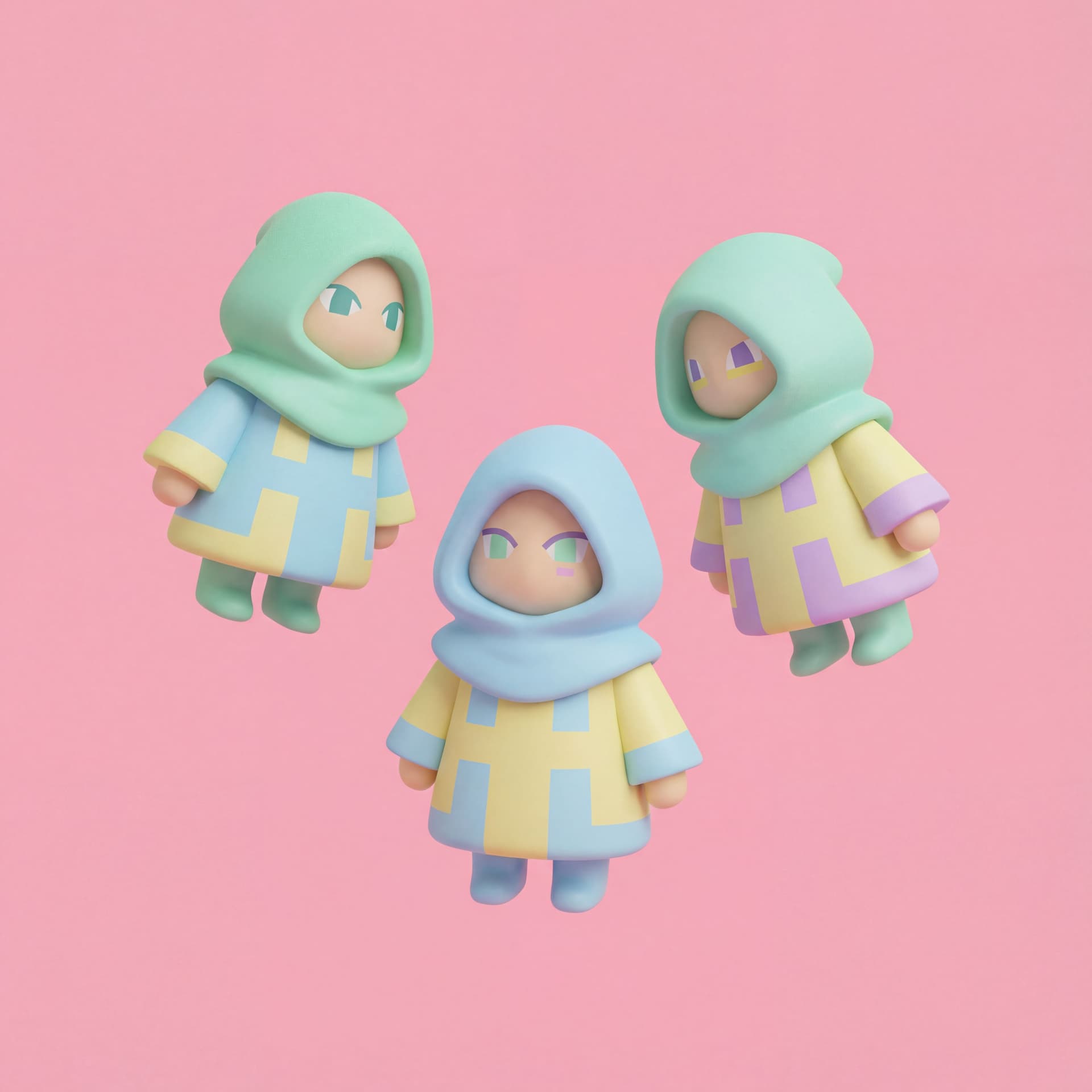 AI generated: three floating hooded druid figurines,
toy-like plastic vinyl low poly 3D style,
soft matte surfaces...