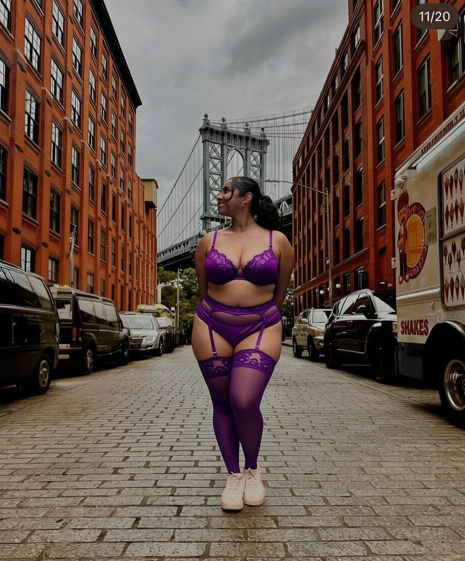 AI generated: Can you give her a tiny purple victoria secret lingerie set and make her chest bigger