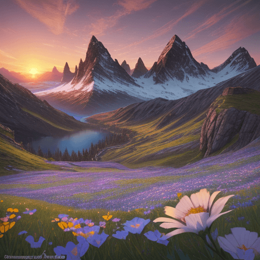 AI generated: Sunset over mountain flowers and scannable landscapes from Skyrim, by Stanley Artgerm Lau, Loeb, Ros...