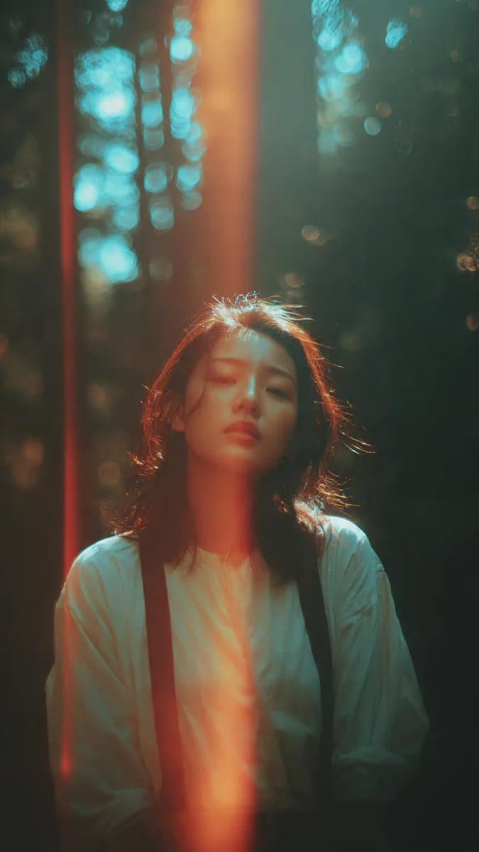 AI generated: A cinematic portrait of an Asian woman standing in a quiet forest, captured in a spontaneous moment ...