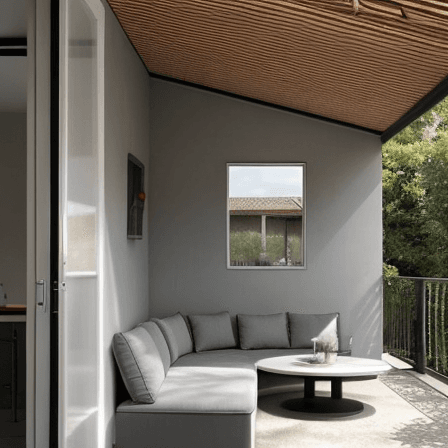 AI generated: 2 couches backed from a beatiful modern balcony door which leads to a veranda in ground 0,a backed t...