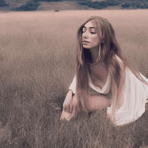 AI generated: a woman sitting on top of a couch in a field, skinny girl in white boho dress, lalisa manobal, allur...