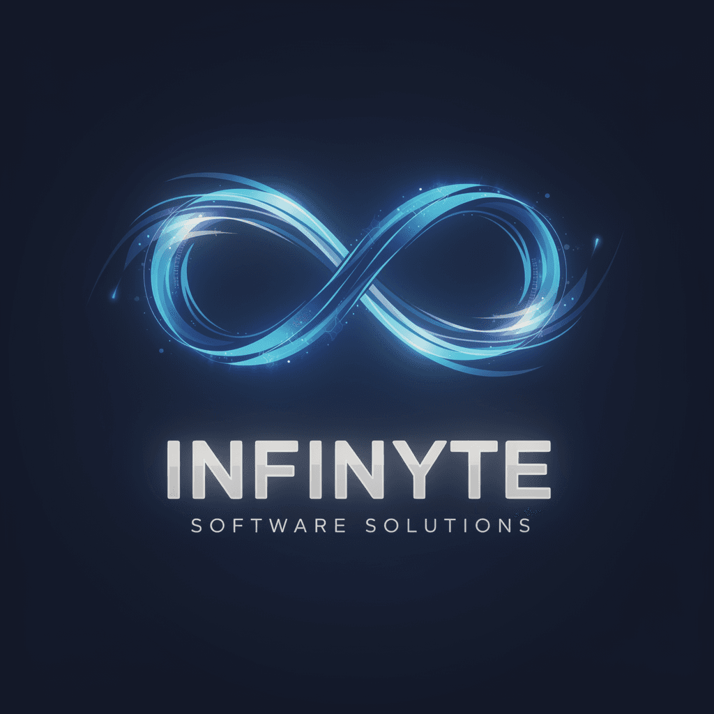 AI generated: Tech logo, deep navy background, glowing infinity symbol made of blue light streaks and energy trail...