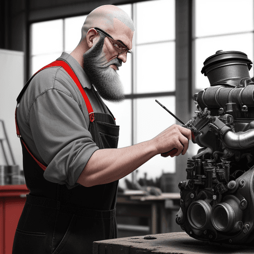 AI generated: man with a semi-long black  beard and shaved hair wearing an red and gray overall in a workshop insp...