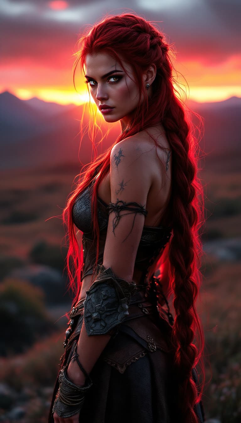 AI generated: Full length of a female Viking, turned with hyper-realistic back turned, with long red hair gathered...