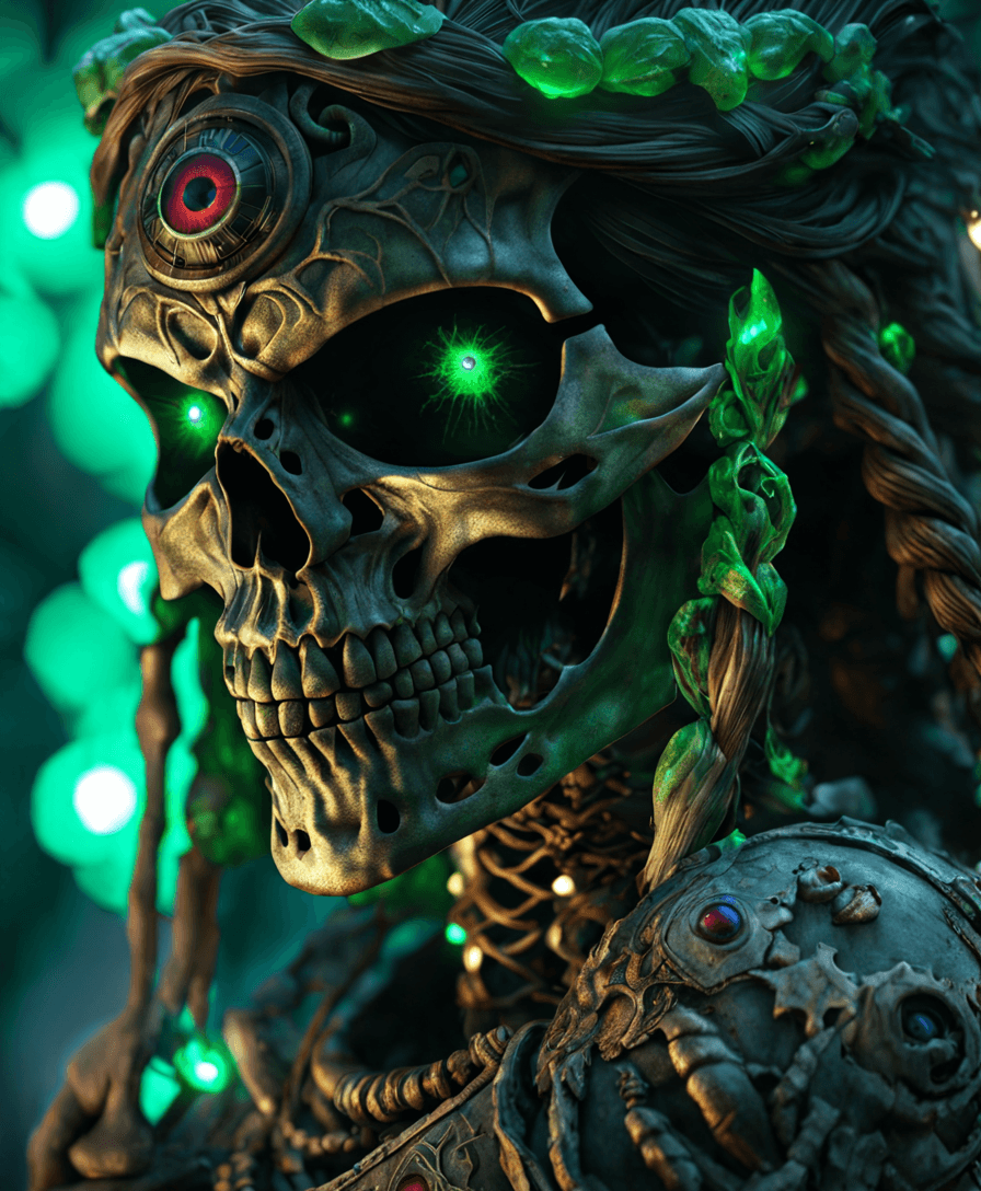 AI generated: Prompt: life like, zoomed out, giant decayed mythical viking woman skeleton zombie mixed with Skelet...