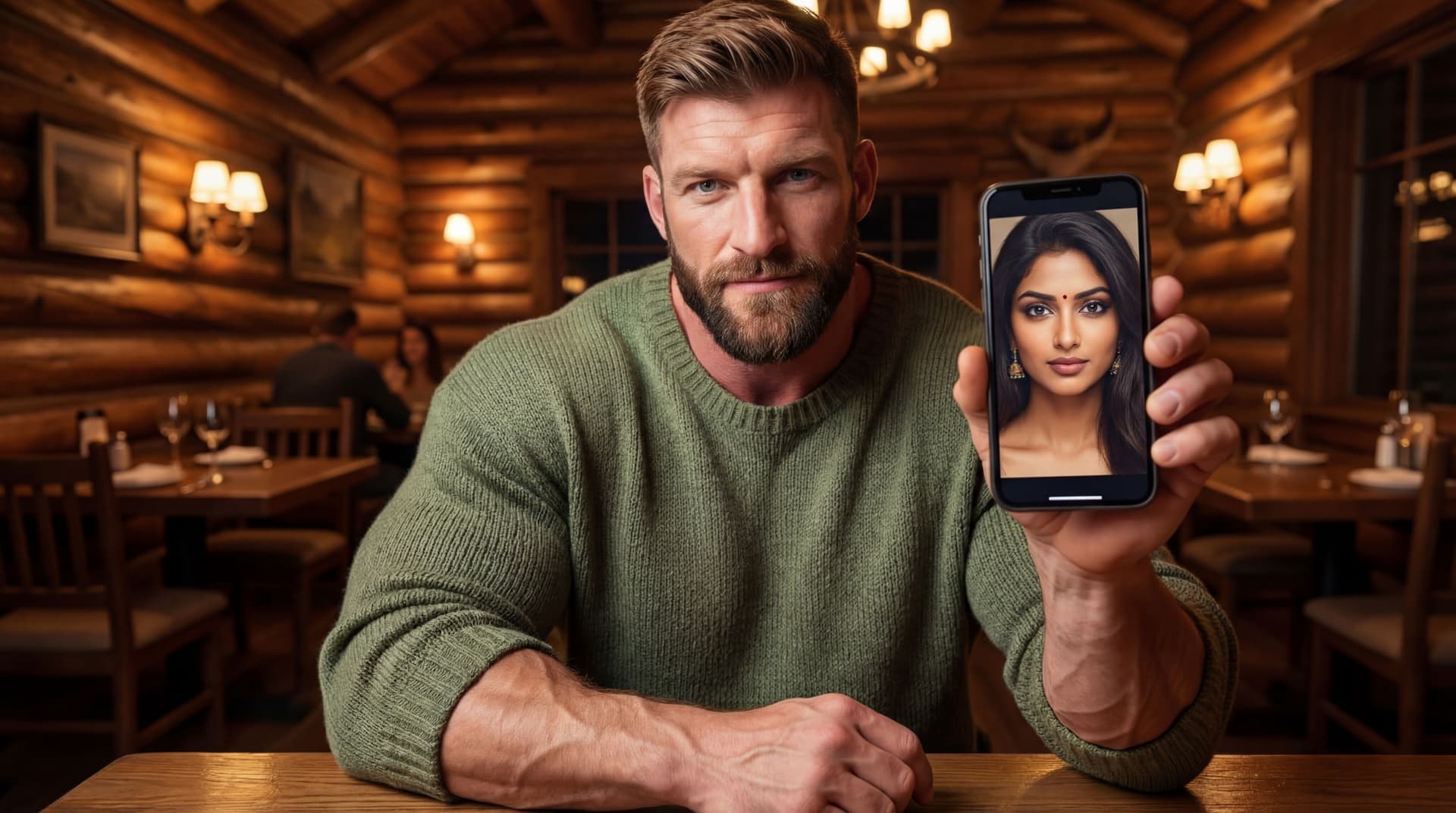 AI generated: At a big and nice Steak House restaurant. The decor is a cabin look. The muscular bodybuilder is sea...