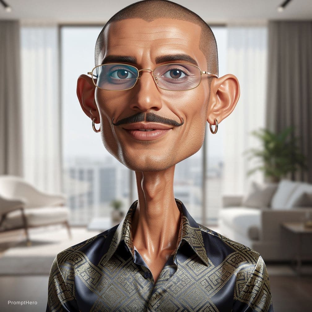AI generated: A high-end, aesthetic caricature of a remarkably handsome 45-year-old Middle Eastern man with warm t...