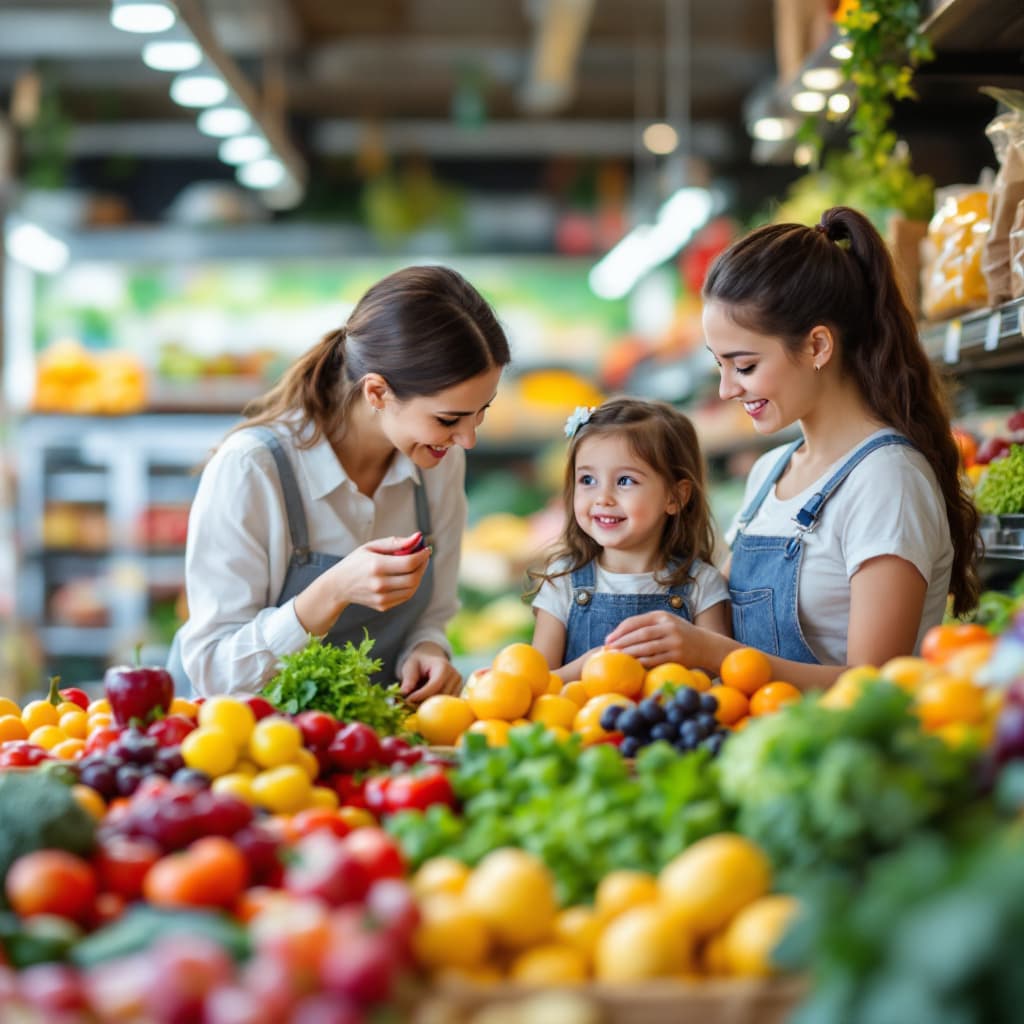 AI generated: a beautiful house wife and pretty daughter go to supermarket, buy fruit, Rich colors.