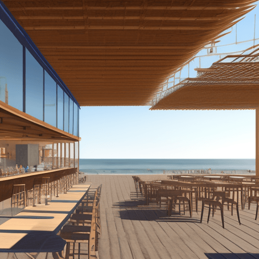 AI generated: only one floor,spanish style, large beach restourant together with a bar building,modern,wood,constr...