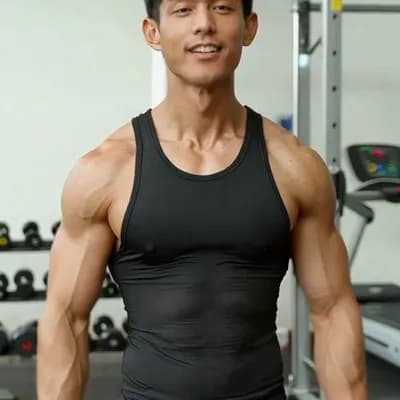 AI generated video: A 20-year-old Thai muscular man with a sweet, handsome face and Korean-style features shows off his ...