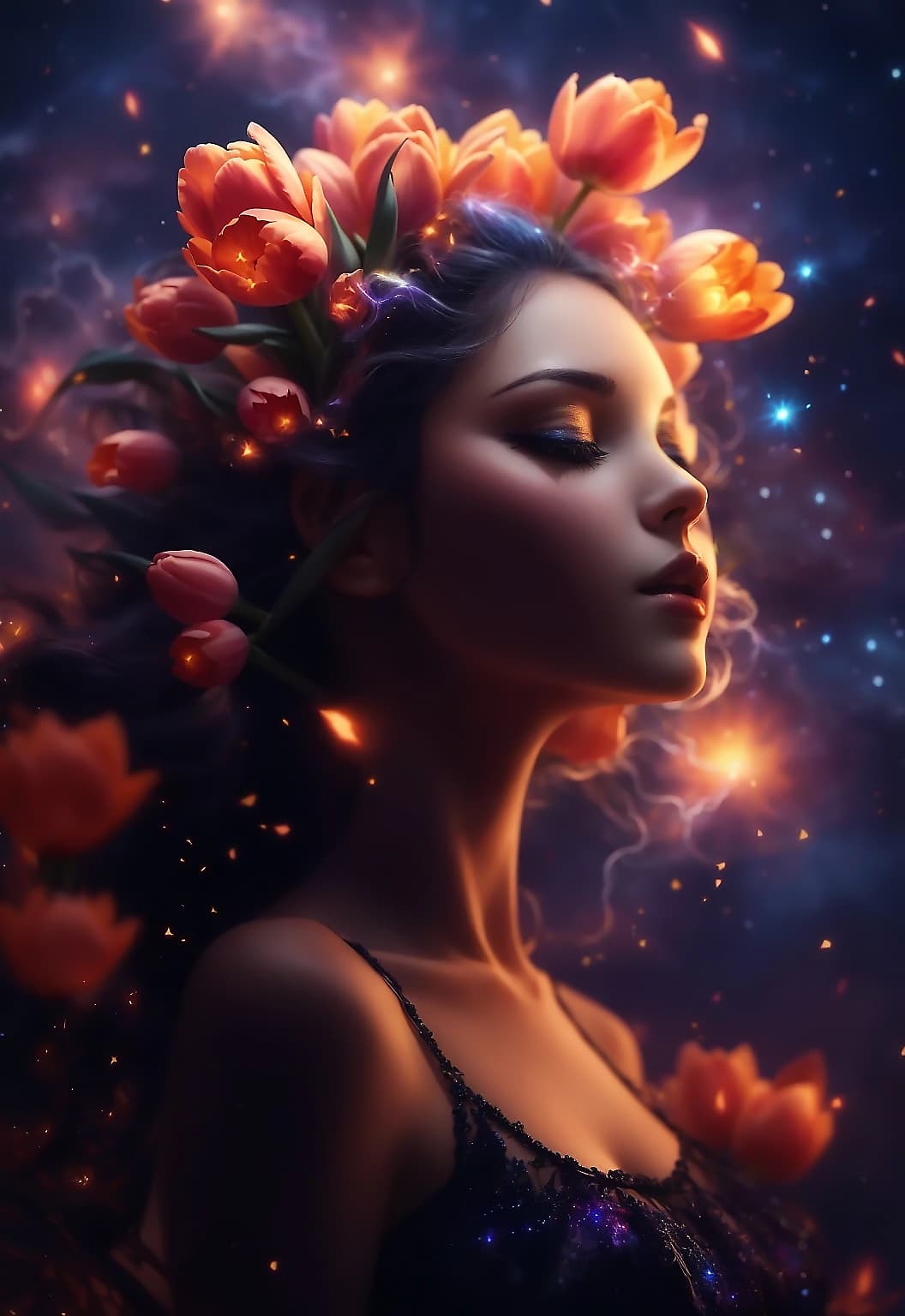AI generated: soft, woman with tulips opening in her hair