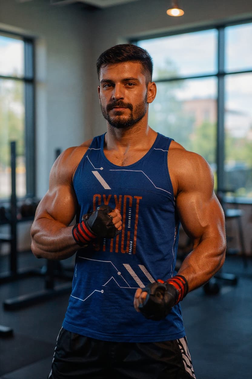 AI generated: A 29-year-old Croatian man in a modern gym setting, engaged in an intense workout. He has an athleti...