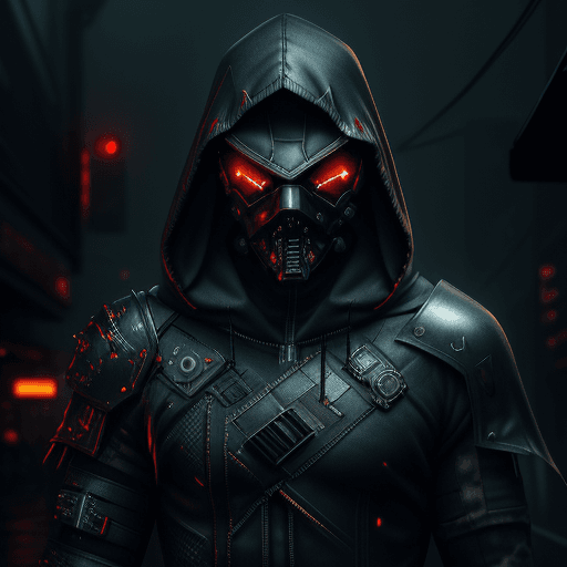 AI generated: cyberpunk, masked man, dark torn hood, dark rainy foggy night, intricate dark and chrome damaged arm...