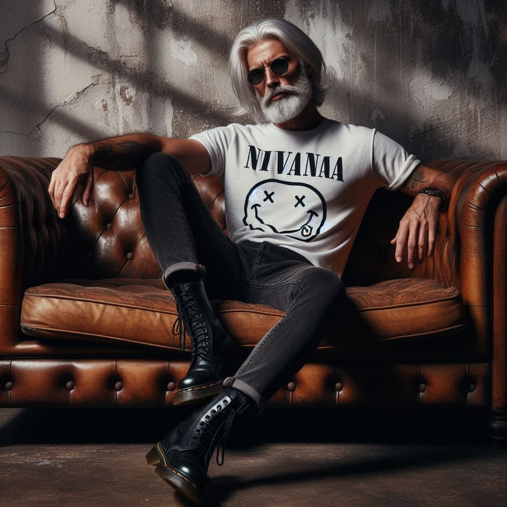 AI generated: Photography, full body, older man model lounging on a worn chesterfield sofa, dressed in a white t-s...