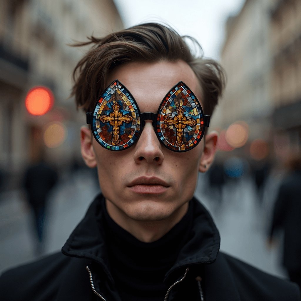AI generated: outdoor moody street photo on a busy street, male fashion model VOGUE BALENCIAGA gorgeous symmetrica...