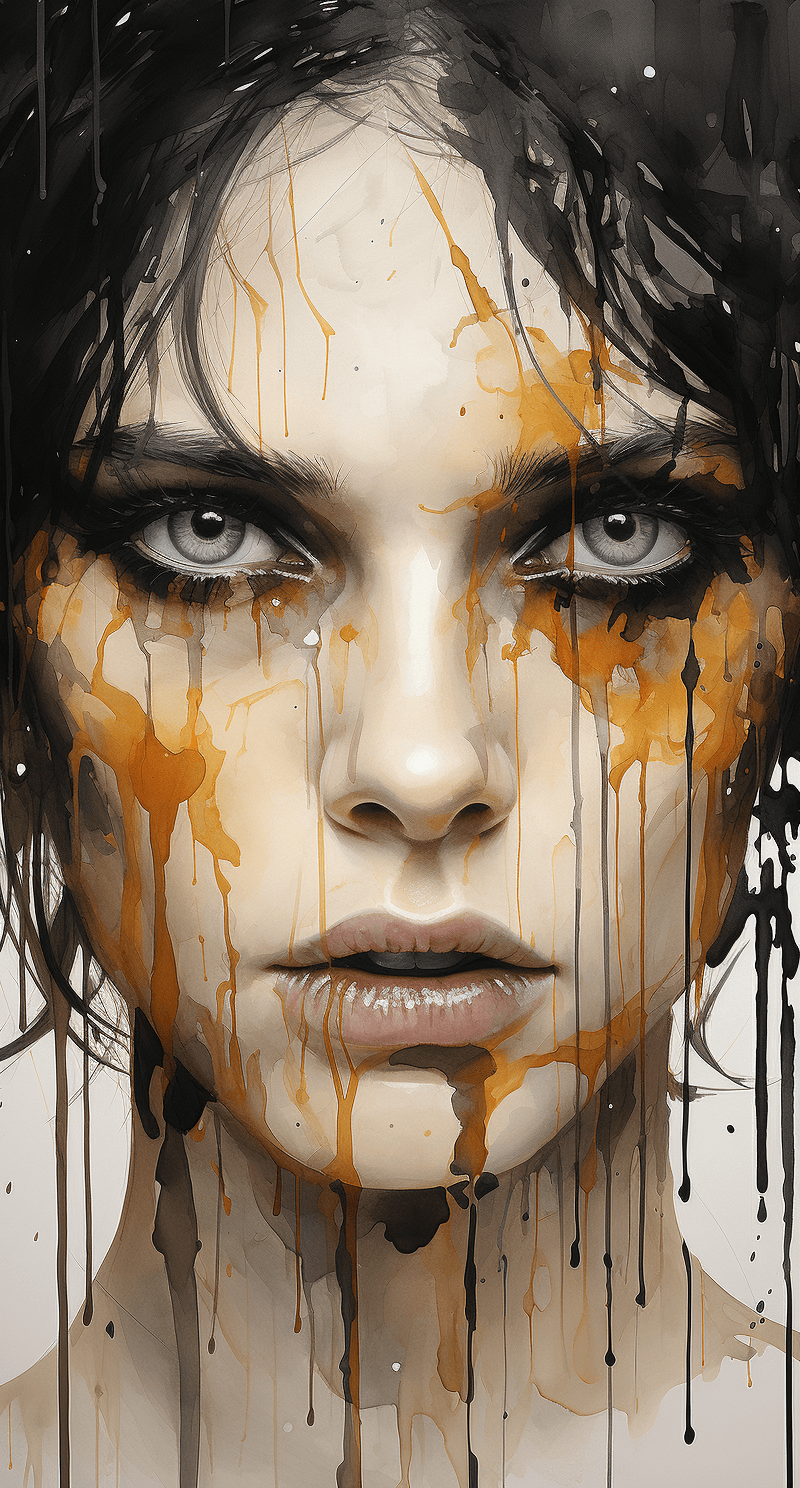 AI generated: watercolor painting of human face with dripping water, in the style of beige and amber, artem chebok...