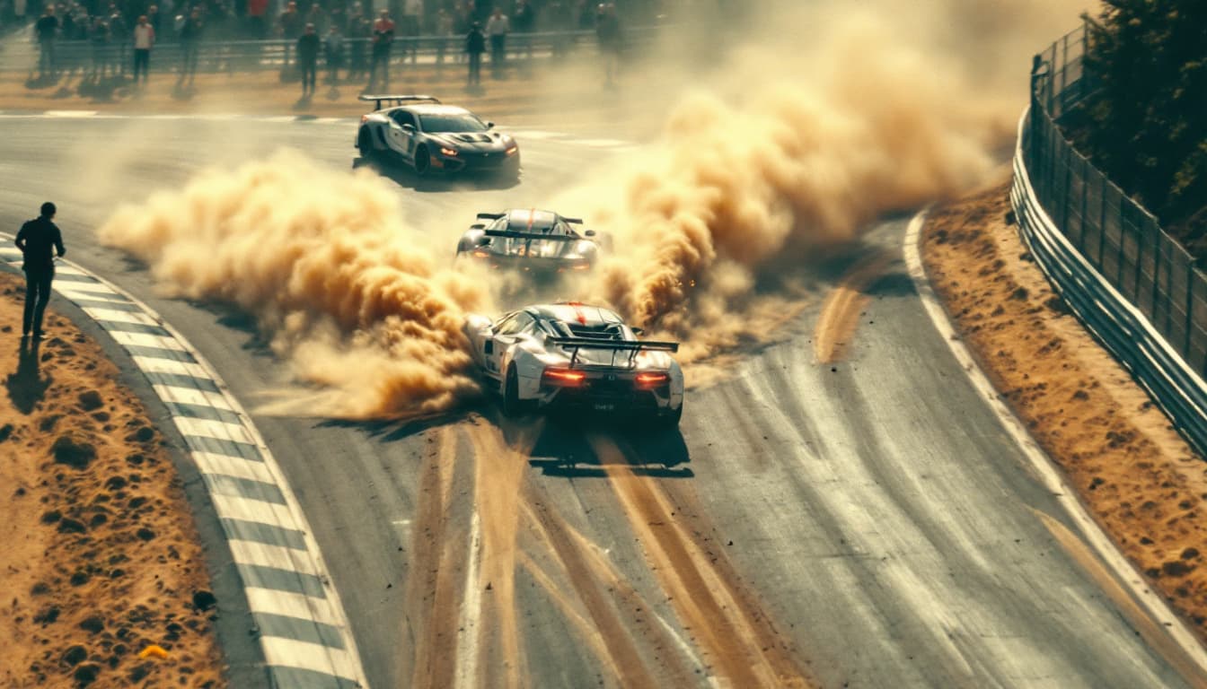 AI generated: The race track is well lit by sunlight.       Ahead, two cars collide on the track at a sharp turn a...