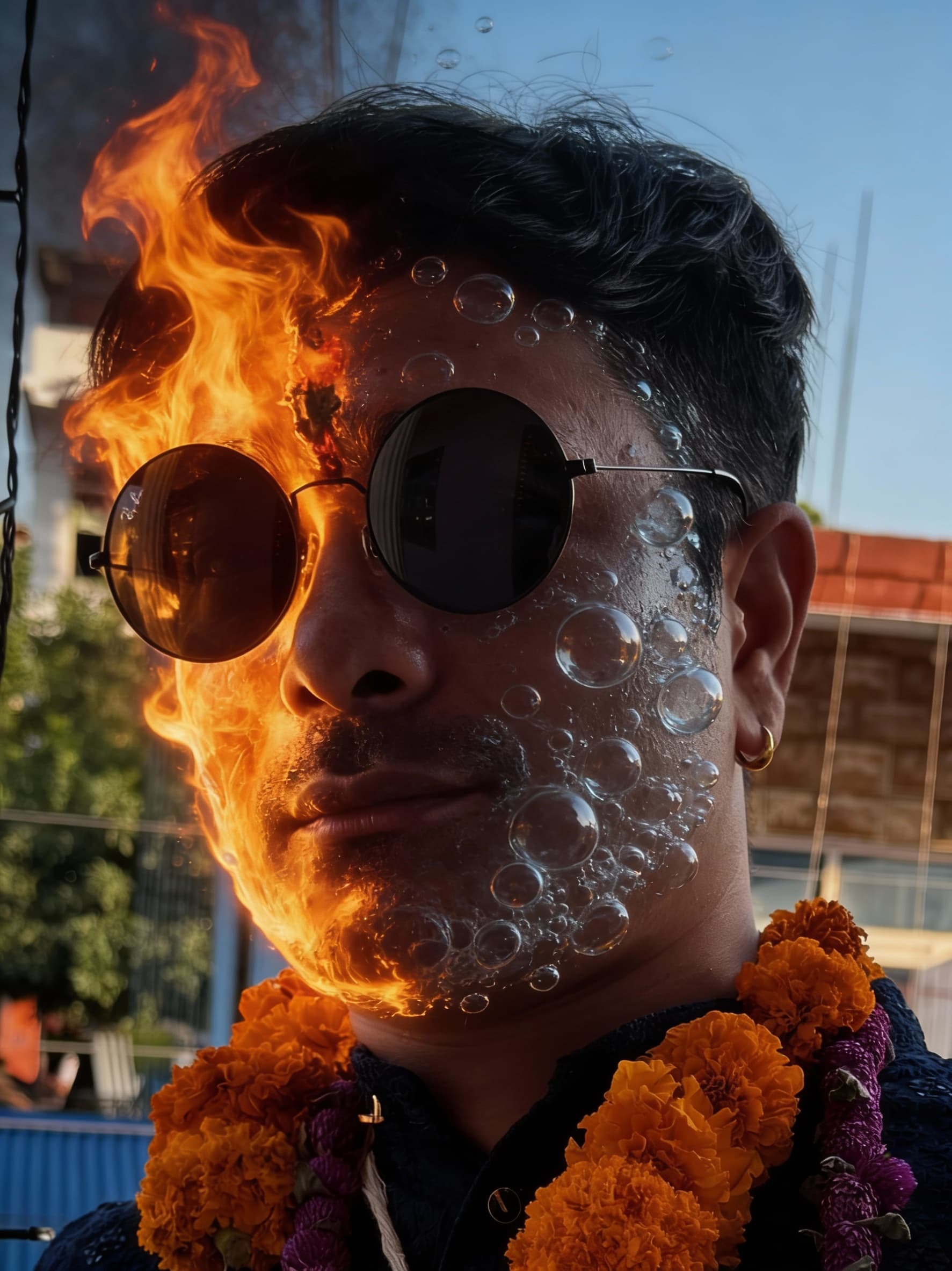 AI generated: "Man's portrait, face half-transformed into fire and water bubbles, dramatic dark lighting, cinemati...