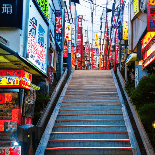 AI generated: stairs in the middle of the image, beware of Japan at night with neon signs, 