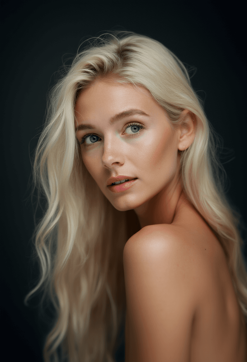 AI generated: A highly detailed photorealistic portrait of a fit 25yo woman with long, flowing platinum blonde hai...