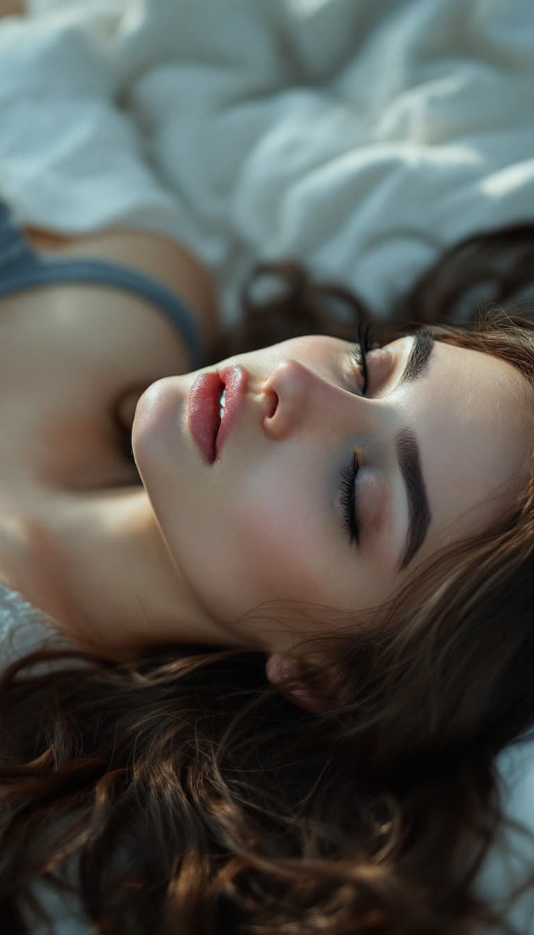 AI generated: a woman with long hair laying in bed, in the style of yigal ozeri, anamorphic lens flare, bella kota...