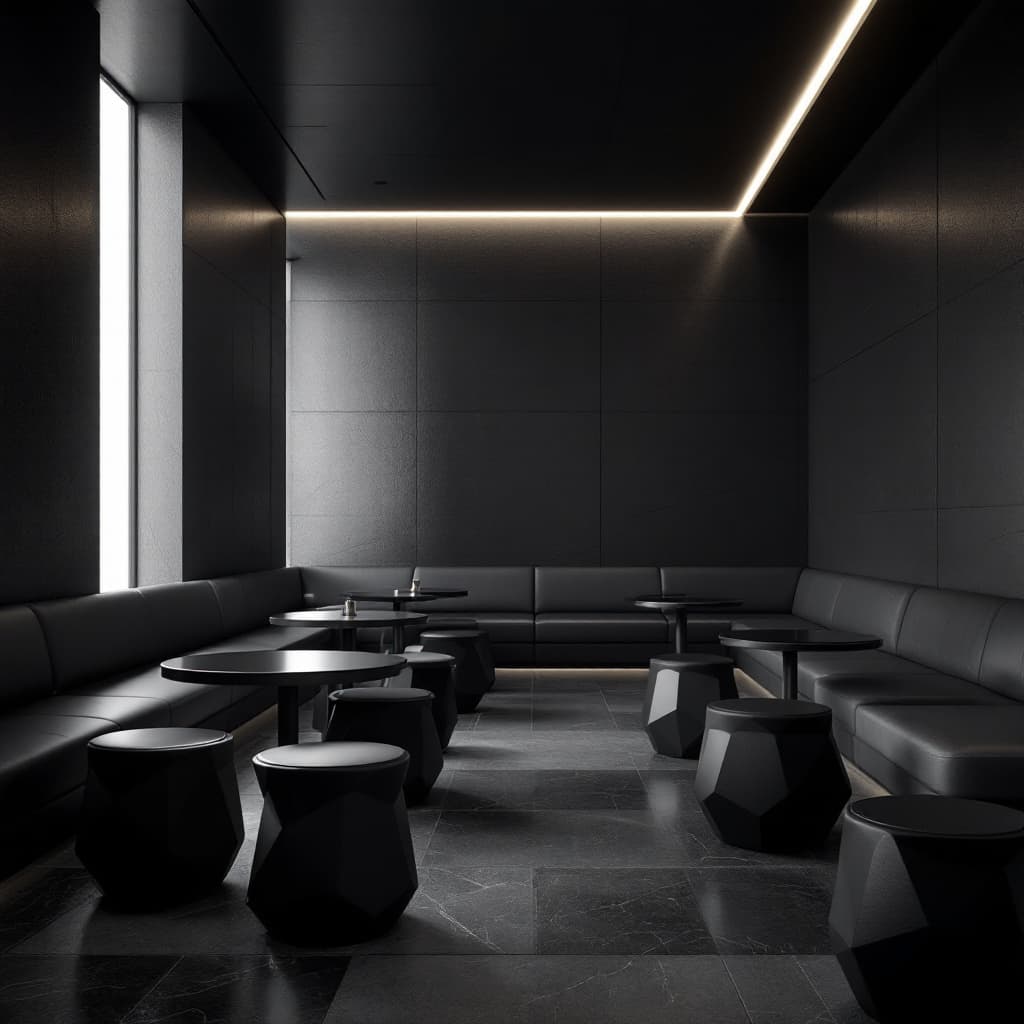 AI generated: visualize a sleek lounge area with dark, textured walls and recessed linear lighting, furniture cons...