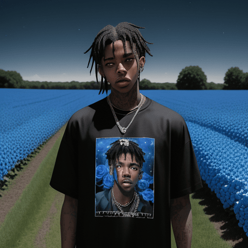 AI generated: The photo of a young man who is a rapper. He's standing rapping in a field of blue roses, the night ...